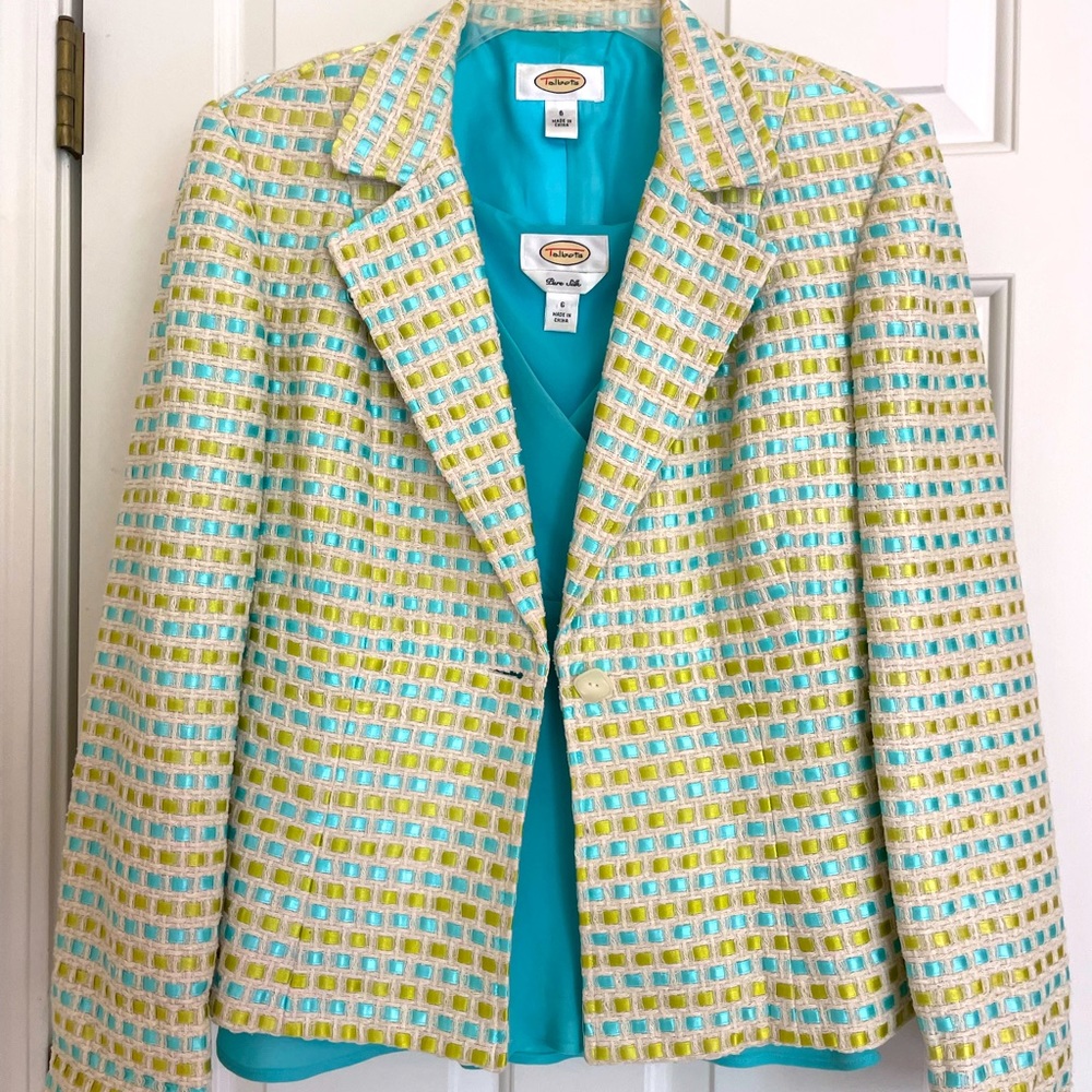 Talbots Spring Blue and green Jacket and matching silk sleeveless blouse. Size 6